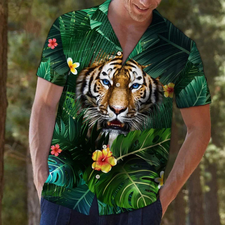 DIYKST Custom Face Hawaiian Shirt - Men's Personalized Tropical Tiger Print Short Sleeve Shirt - View #4