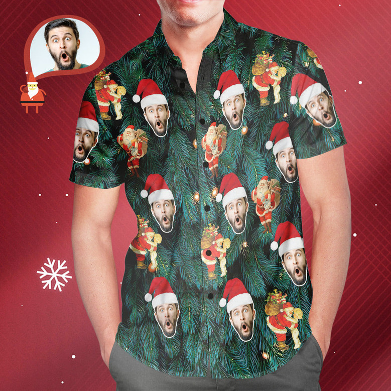 Custom Face Men's All Over Print Christmas Tree Style Hawaiian Shirt Christmas Gift