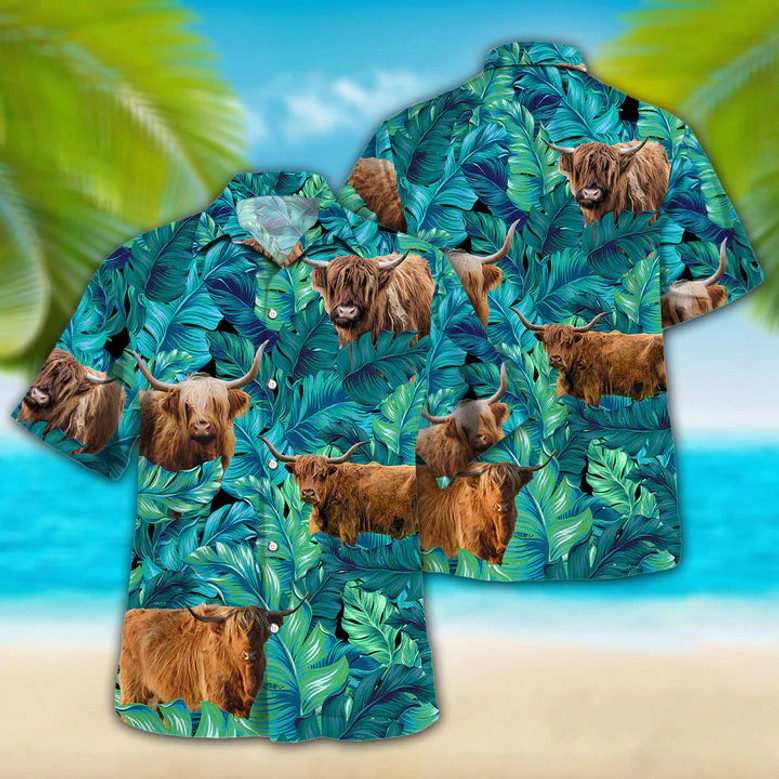 Highland Cattle Lovers Hawaiian Shirt, Animal Hawaiian shirt vintage flower, Short Sleeve Hawaiian Aloha Shirt for men, Women