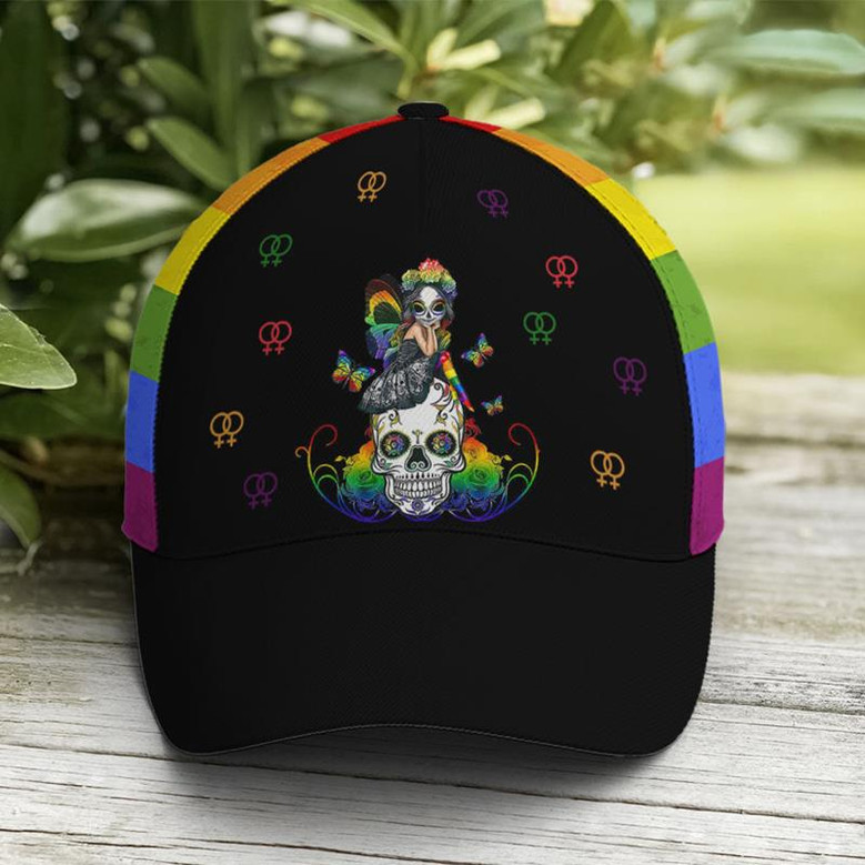 LGBT Girl And Sugar Skull Rainbow Baseball Cap Hat