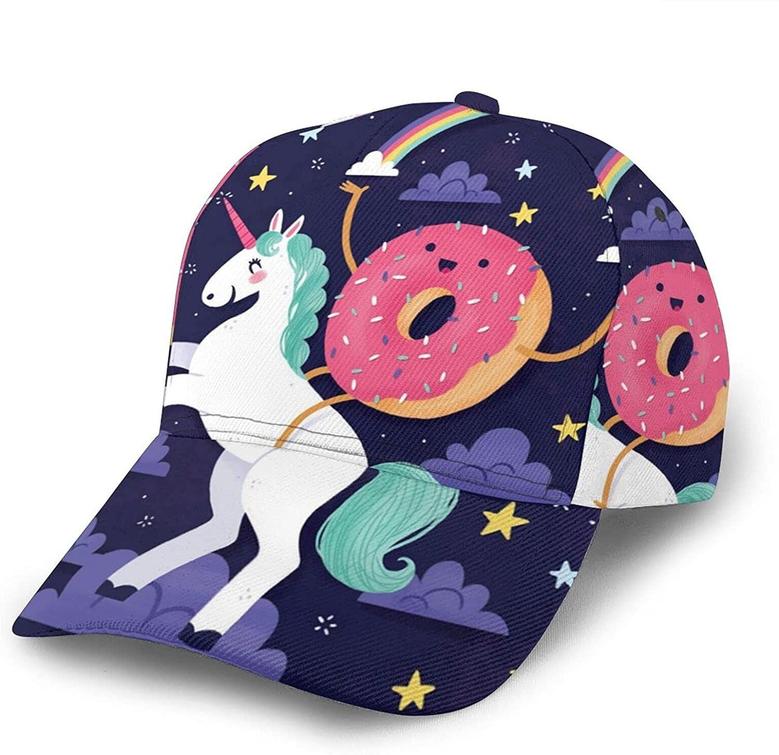 Unicorns Doughnut Rainbow Print Casual Baseball Cap Adjustable Twill Sports Dad Hats for Unisex Hat