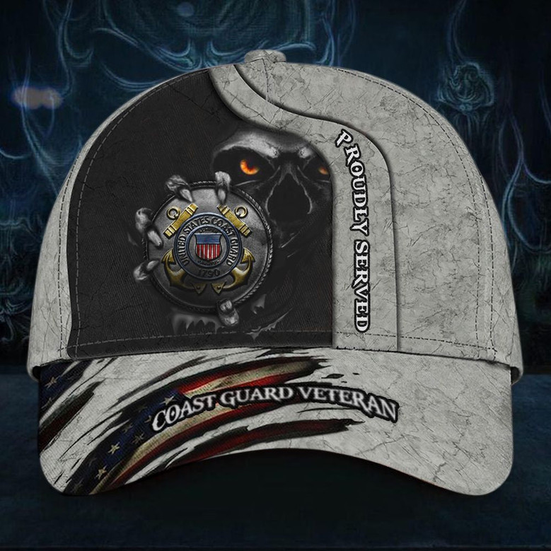 Veteran American Flag Hat Proud US Military Skull Coast Guard Veteran Proudly Served Cap USA Flag Hat USCG Vet Coast Guard Retirement Gift Hat Classic Cap Hat