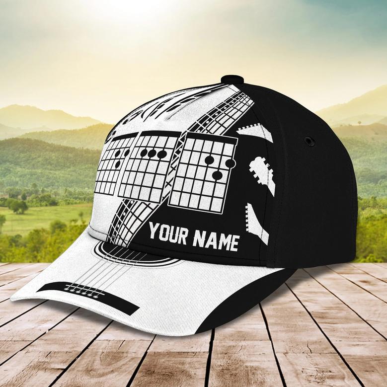 Custom Name White And Black Guitar Cap Hat For Man, Gift To Guitar Man, Guitar Lover Full Print Cap Hat