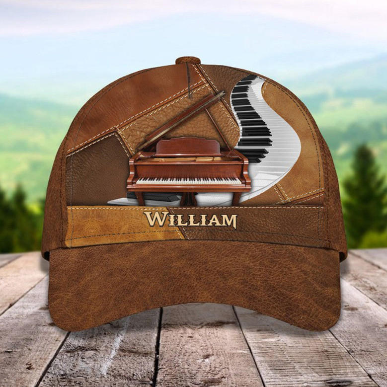 Personalized Wooden Piano Classic Cap for Him, Leather Pattern Piano Hat for Boyfriend Birthday Hat