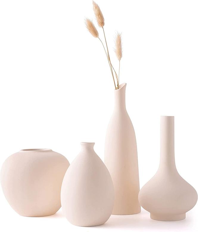 Beige White Ceramic Vase, Rustic Small Vase for Shelf Decor, Boho Home Decor Set of 4