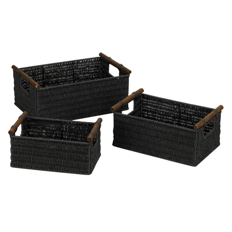 Black Rectangular Wicker Basket with Wood Handles Rustic Home Decoration Set of 3