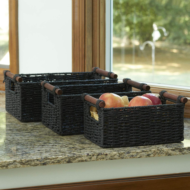 Black Rectangular Wicker Basket with Wood Handles Rustic Home Decoration Set of 3