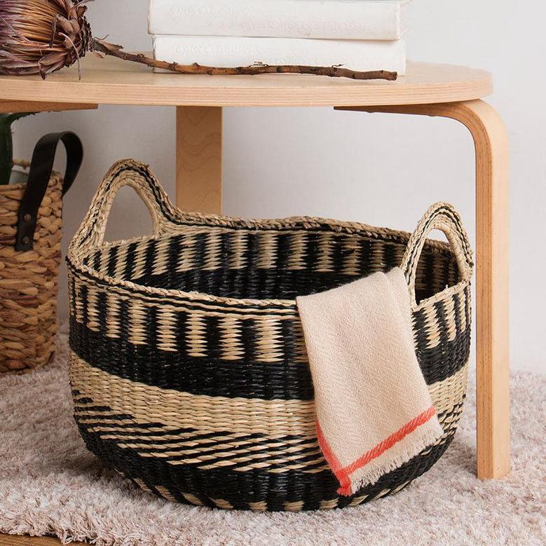 Black Wicker Basket with Arched Handles Round Home Storage Basket Rustic Home Decor