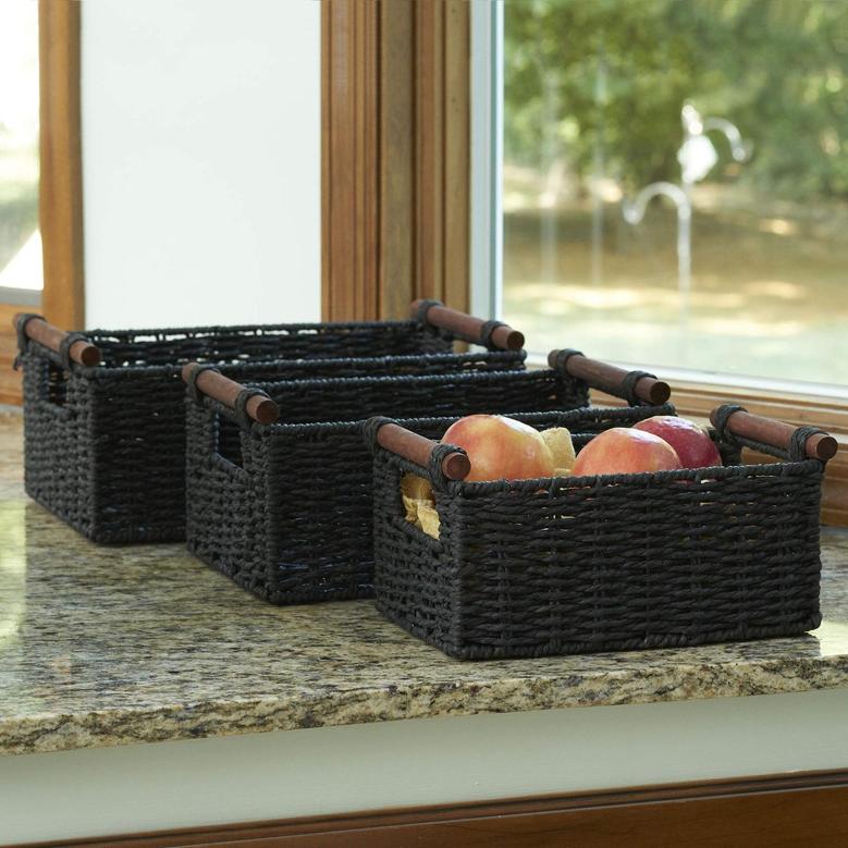 Black Wicker Basket with Wood Handles Rustic Home Decoration Set of 3