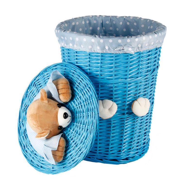 Blue Wicker Hand-woven Fabric Decorated Bear Cylindrical Laundry Basket With Lid