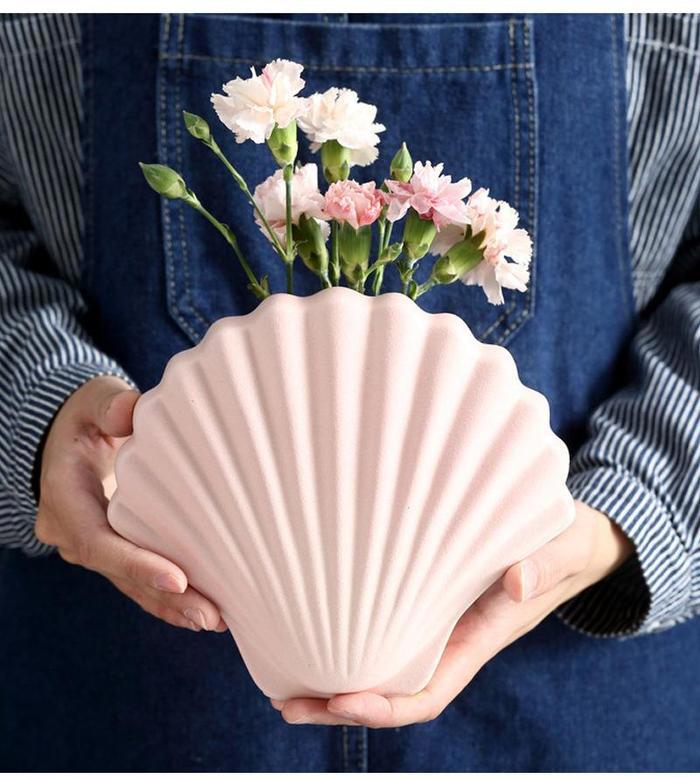 Blush Shell Vase, Flower Pot Ornament, Wedding Decor Boho Farmhouse Decor