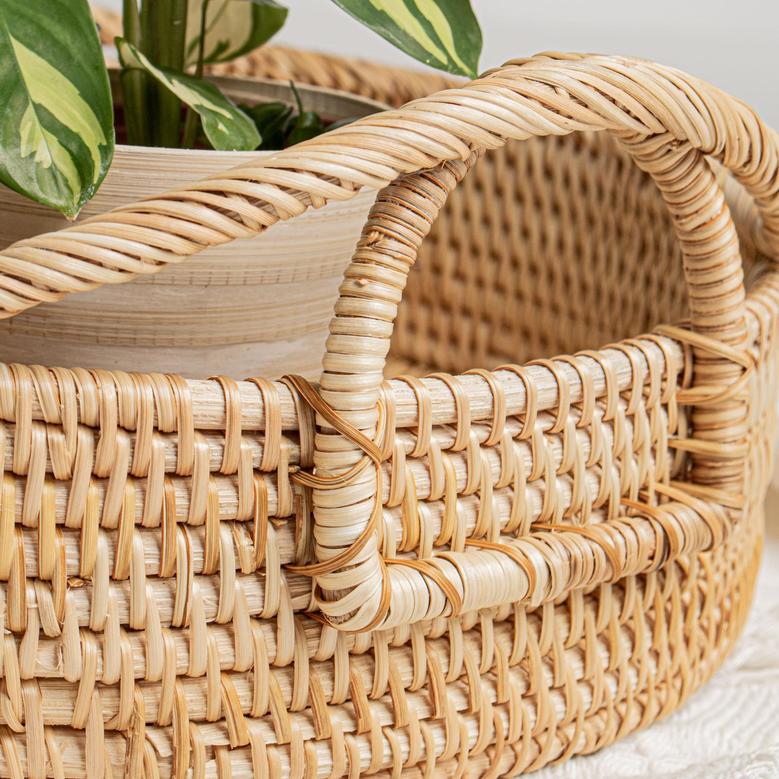 Bread And Serving Rattan Storage Tray With Wooden Handle Round Vintage Wicker Basket Kitchen Decor
