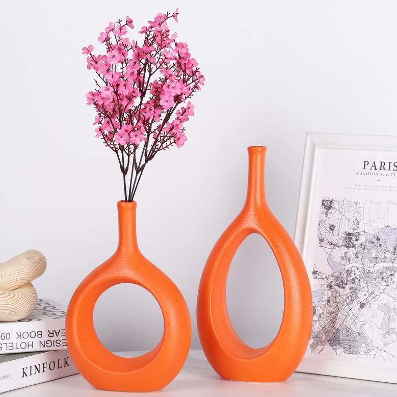 Burnt Orange Hollow Ceramic Flower Vase, Dining Table Boho Home Decor, Set of 2