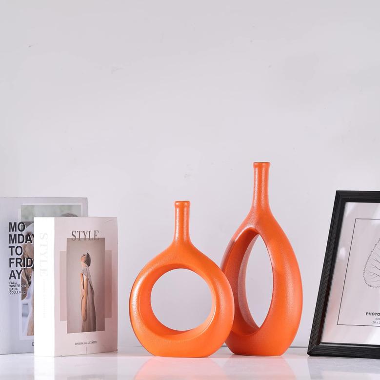 Burnt Orange Hollow Ceramic Flower Vase, Dining Table Boho Home Decor, Set of 2