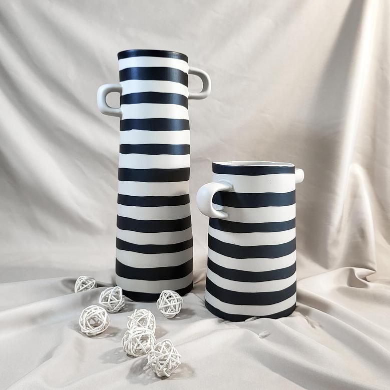 Ceramic 11 Inch Flower Vase Striped Black And White, Tall Vase, Minimalist Design For Home Décor, Bedroom Kitchen Living Room