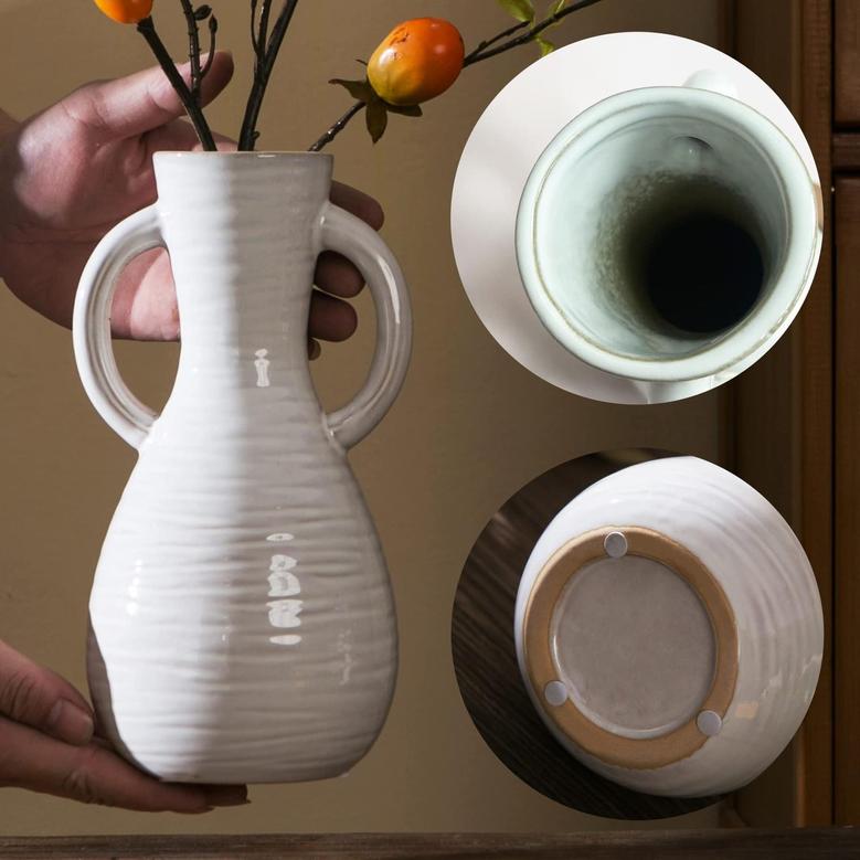 White Ceramic Jug Vase Double Handle Vase for Living Room Vase Rustic Home Decor