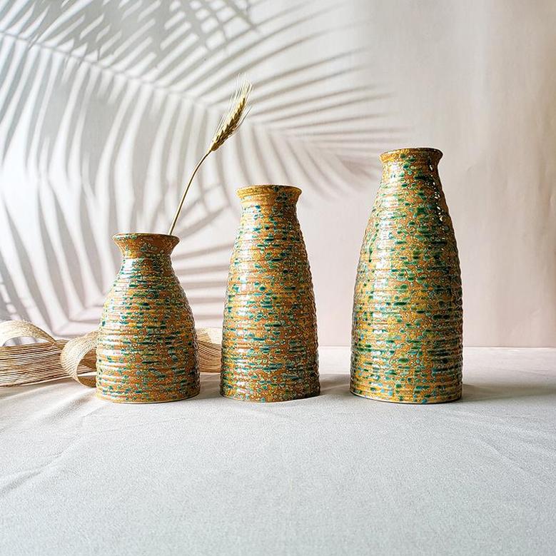 Ceramic Rustic Vase 3 Piece Set For Pampas Grass, Flower Vase For Country Home Farmhouse Living Room Decoration 