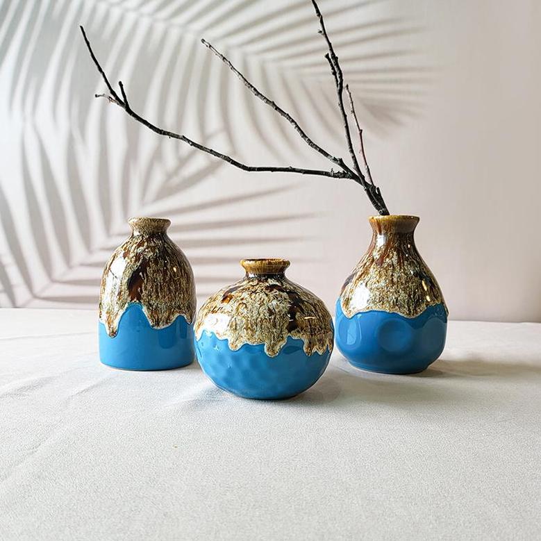 Ceramic Rustic Vintage Vase, 3 Piece Set of Glazed Decorative For Table Kitchen Living Room, Boho Home Decor, Brown Blue
