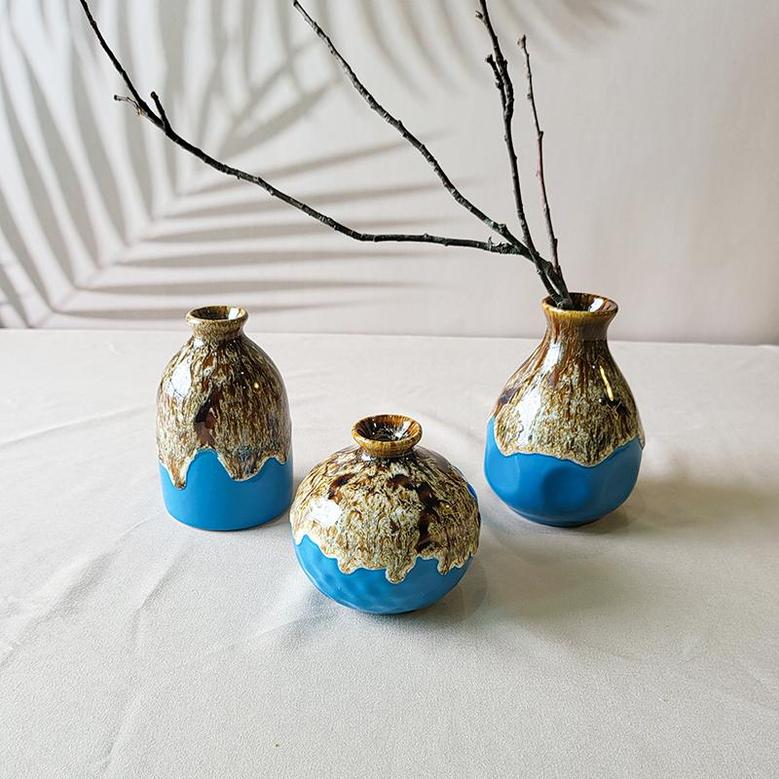Ceramic Rustic Vintage Vase, 3 Piece Set of Glazed Decorative For Table Kitchen Living Room, Boho Home Decor, Brown Blue