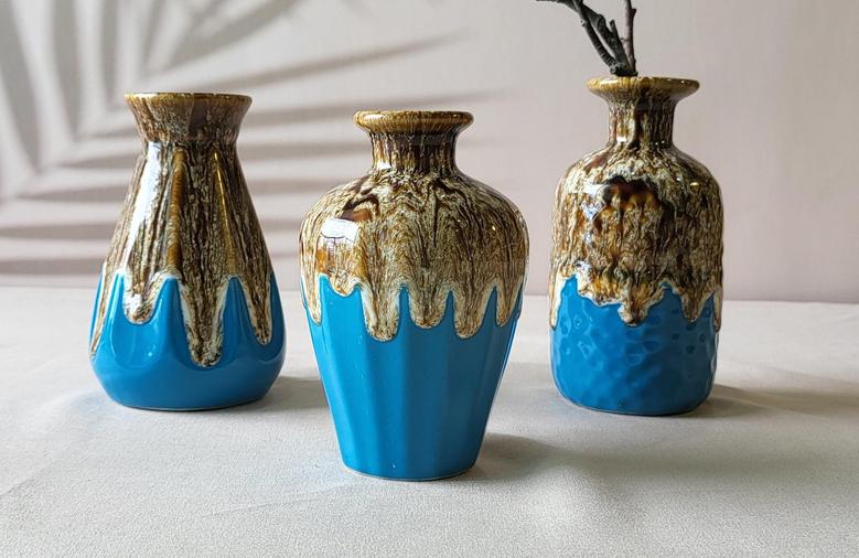 Ceramic Vase Set Of 3, Flambe Glazed Mini Vases, Unique Modern Small Flower Vases For Home Decor, Brown Blue
