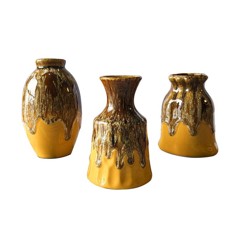 Ceramic Vase Set Of 3, Flambe Glazed Mini Vases, Decorative Vases For Living Room, Boho Home Decor, Brown Mustard