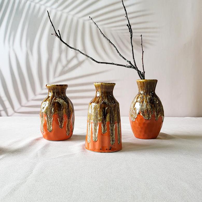 Ceramic Vase Set Of 3, Flambe Glazed Mini Vases, Modern Small Flower Vases For Dining Room Boho Home Decor, Brown Orange