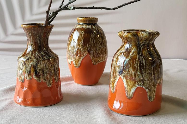 Ceramic Vase Set Of 3, Flambe Glazed Mini Vases, Modern Vases For Living Room Rustic Farmhouse Home Decor, Brown Orange