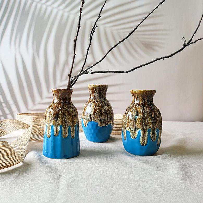 Ceramic Vase Set Of 3, Flambe Glazed Mini Vases, Small Decorative Flower Vases For Dining Room Shelf Home Decor, Brown Blue