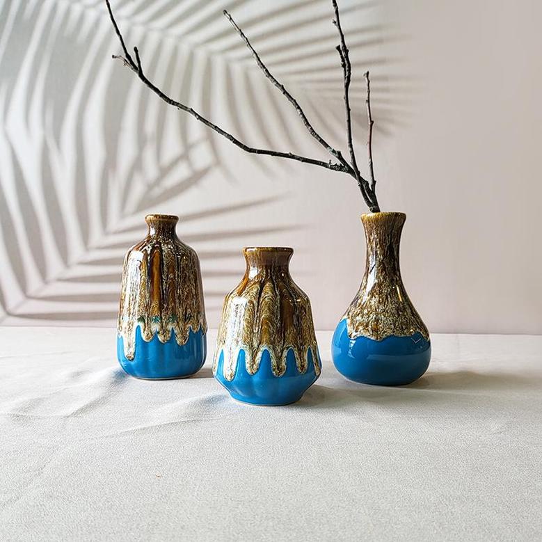 Ceramic Vase Set Of 3, Flambe Glazed Mini Vases, Modern Small Flower Vases For Bookshelf Mantel Décor, Brown Blue