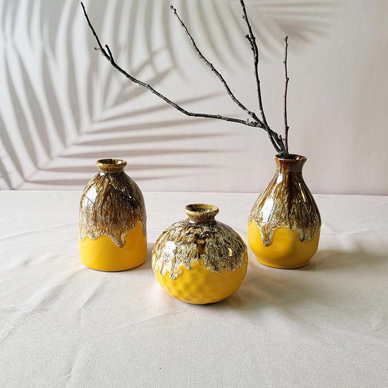 Ceramic Vase Set Of 3, Flambe Glazed Mini Vases Living Room Rustic Farmhouse Table Shelf Decoration, Brown Mustard