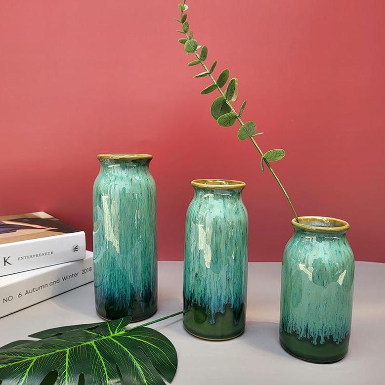 Ceramic Vase Set Of 3, Flambe Glazed Vases For Home Decor, Unique Modern Lava Vases For Living Room Mantel Table Shelf, Blue Green Ombre