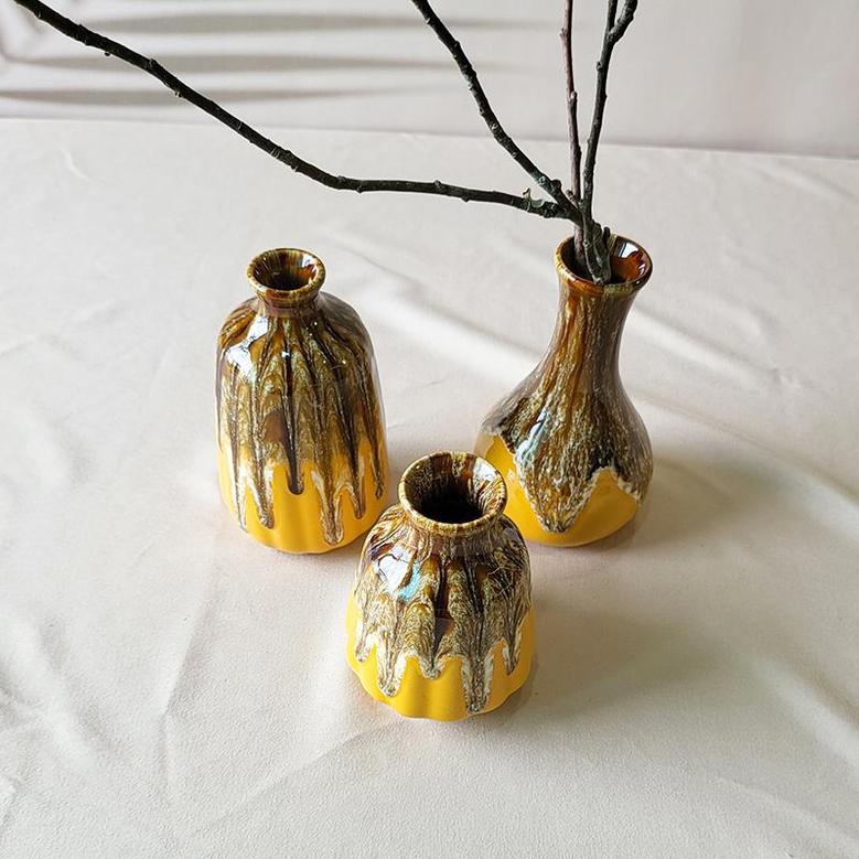 Ceramic Vase Set Of 3, Flambe Glazed Vases, Small Flower Vases For Rustic Farmhouse Mantel Entryway Table, Brown Mustard