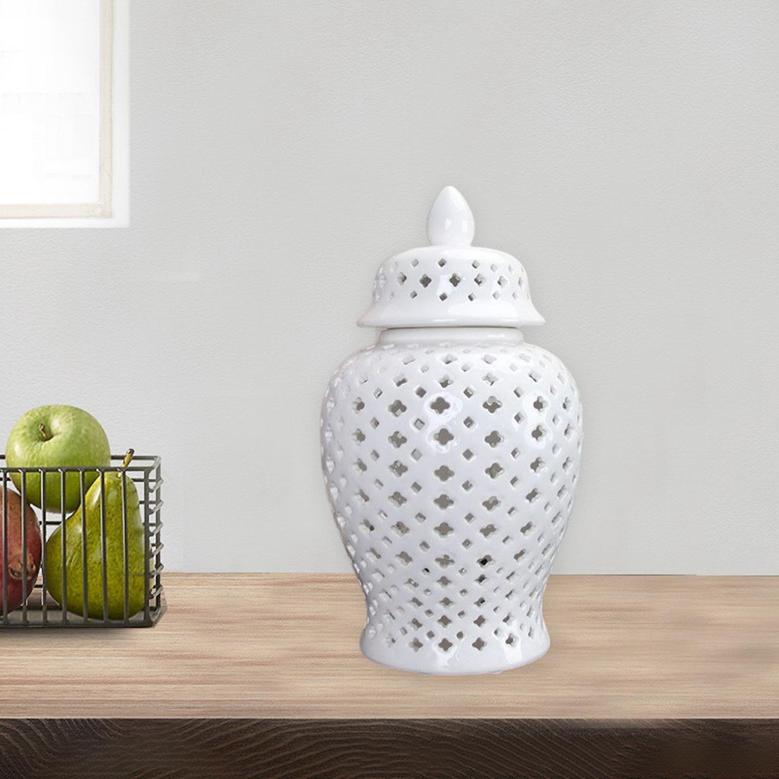 White Ceramic Vase With Lid Storage Jar Living Room Modern Farmhouse Home Decor 