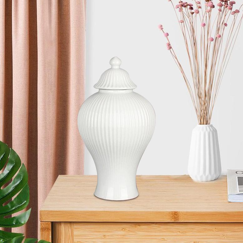 White Ceramic Vase With Lid Living Room, Porcelain Storage Jar Modern Farmhouse Home Decor 