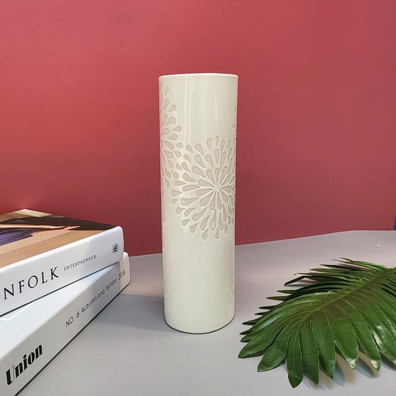 Cylinder Sculpture Vase Ceramic, 11 Inches White Vase, High-gloss Modern Vase Home Decoration Flower Arrangement Vase