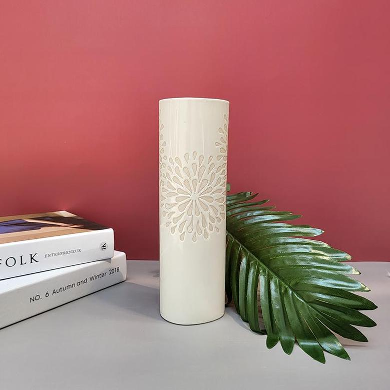 Cylinder Sculpture Vase Ceramic, 11 Inches White Vase, High-gloss Modern Vase Home Decoration Flower Arrangement Vase