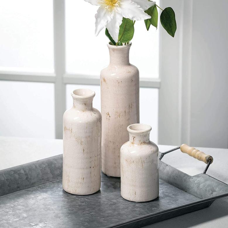 Distressed Decorative Vases, Home Decoration, Multi-Purpose Decorative Ceramic Faux Floral Vase Set Of 3