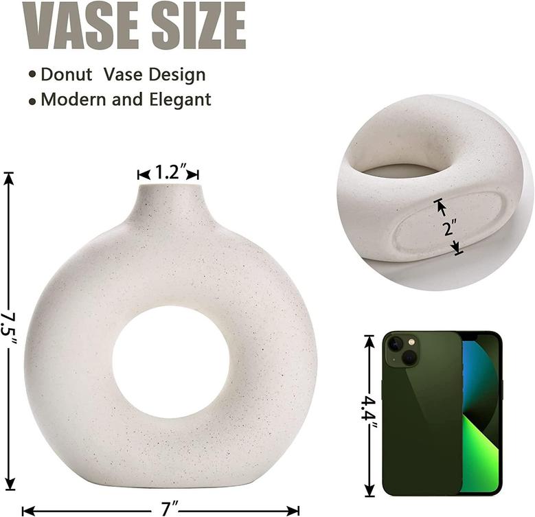 Donut Vase, Circle Hollow Vase, Modern Matte Ceramic Vase, Home Decor, Spotted White 7.5"
