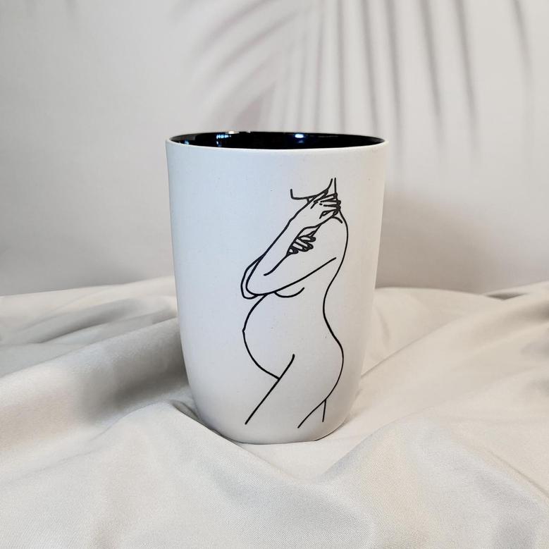 Female Body Flower Ceramic Cup, Minimalist Line Art Silhouette Cup, Matisse Style Gift For Women, Home Decor White Black Gift For Her