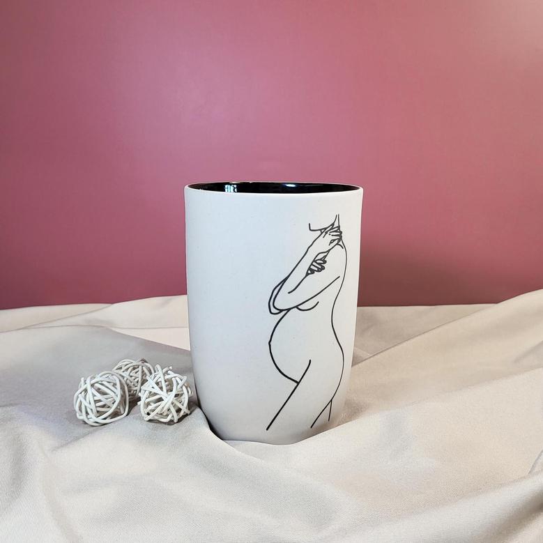 Female Body Flower Ceramic Cup, Minimalist Line Art Silhouette Cup, Matisse Style Gift For Women, Home Decor White Black Gift For Her