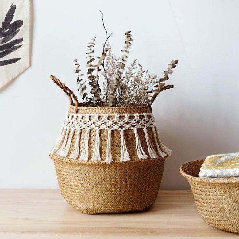 Flower Wicker Basket Belly Round Seagrass Basket Plant Flower Storage Laundry Pantry Decor