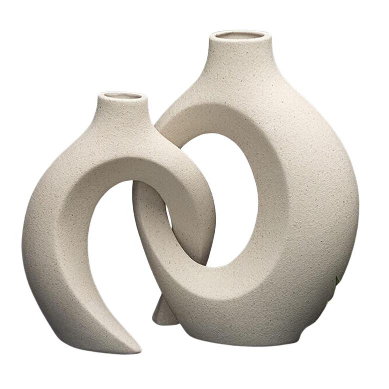 Matte Ceramic Cream Vase Hollow Flower Vase Living Room Boho Decor Set Of 2