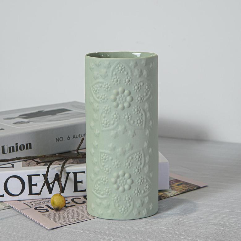 Mint Pastel Ceramic Vase, Embossed Flower Pattern 6.7in Tall Cylinder Vase, Nordic Minimalism, Boho Home Decor