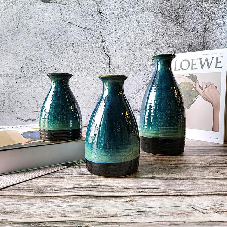 Modern Ceramic Lava Vases Set Of 3 Decorative Vases For Rustic Home Decor Living Room Shelf Farmhouse, Ocean Blue