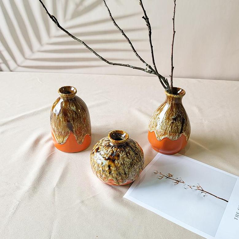Modern Ceramic Vases, Reactive Glazed Stoneware Decorative Vase For Table Living Room Fireplace Shelf Set Of 3, Brown Orange