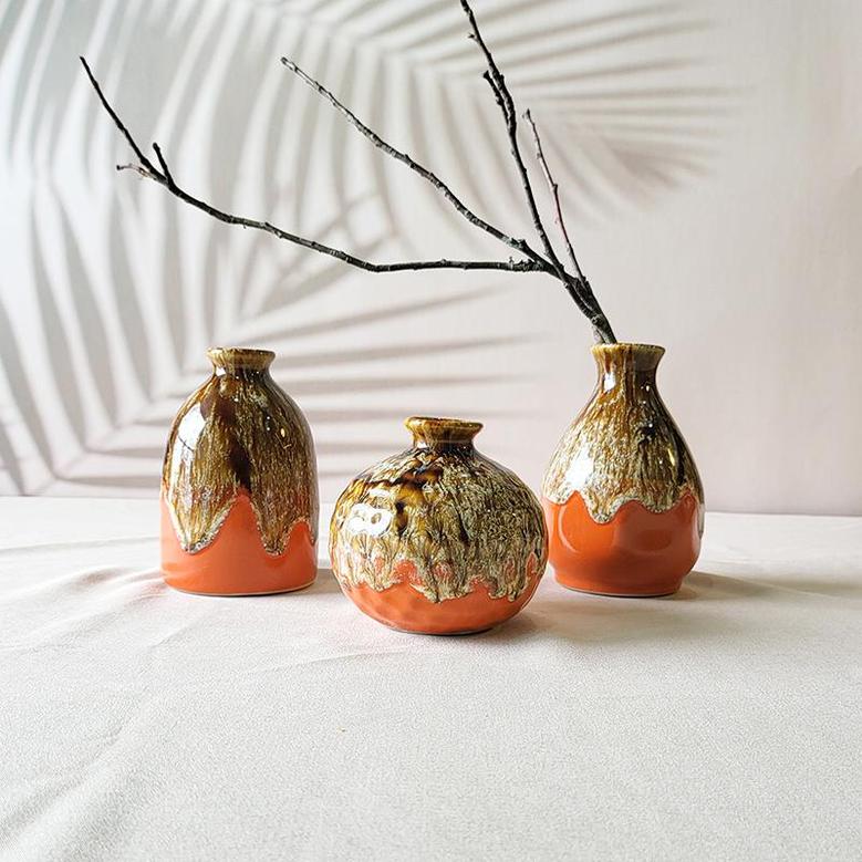 Modern Ceramic Vases, Reactive Glazed Stoneware Decorative Vase For Table Living Room Fireplace Shelf Set Of 3, Brown Orange