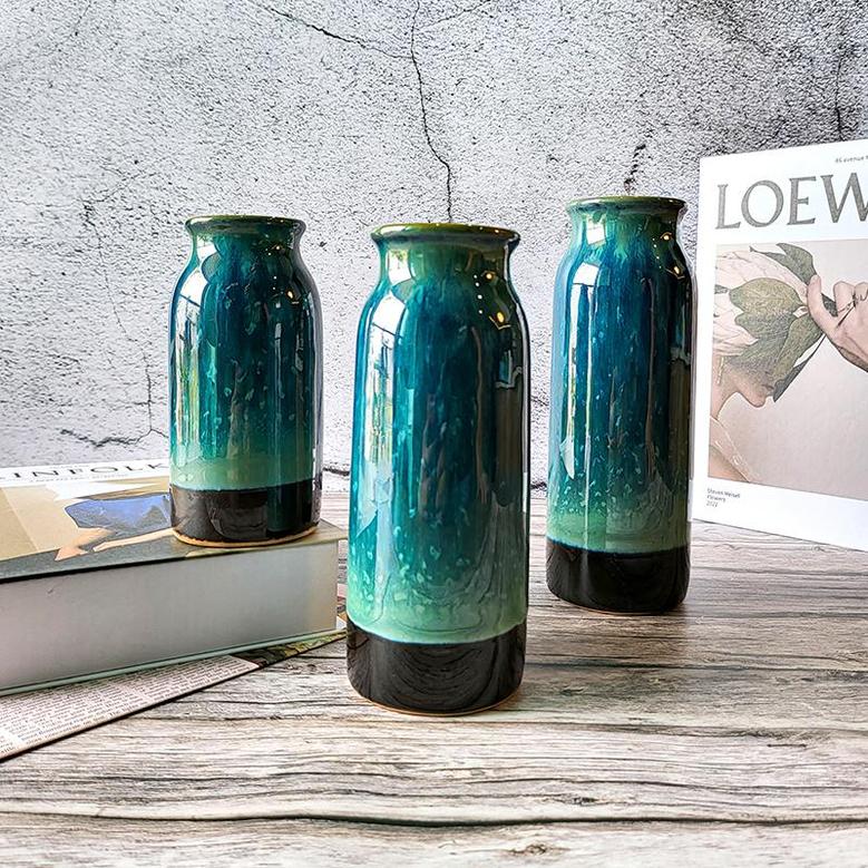 Modern Decorative Flower Vase, Ceramic Lava Vases Set Of 3 For Rustic Home Living Room Farmhouse Decor, Ocean Blue