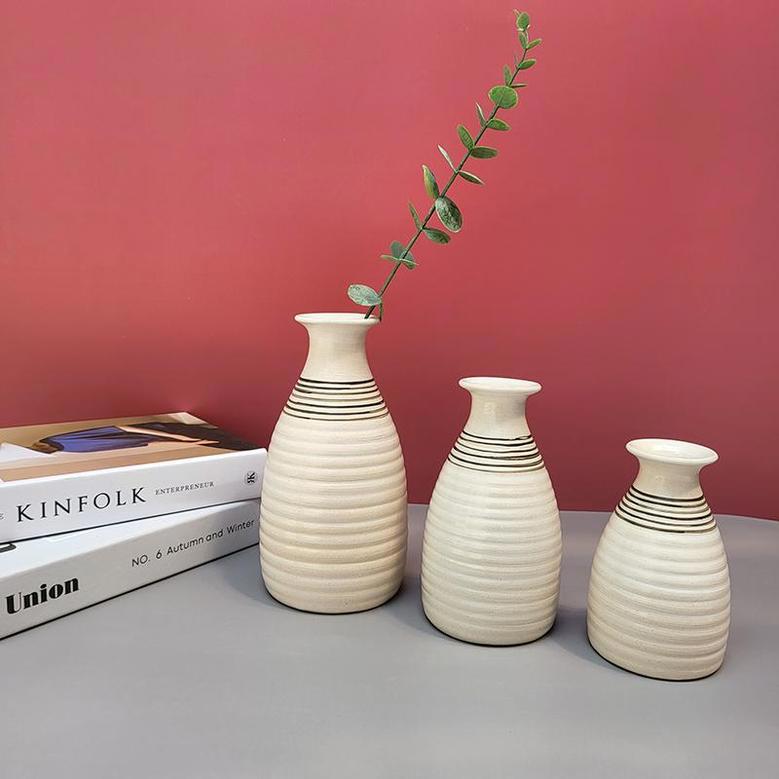 Modern Farmhouse Vase Decor, Set Of 3 White Striped Vases For Decor, Decorative White Vase Centerpiece Accent