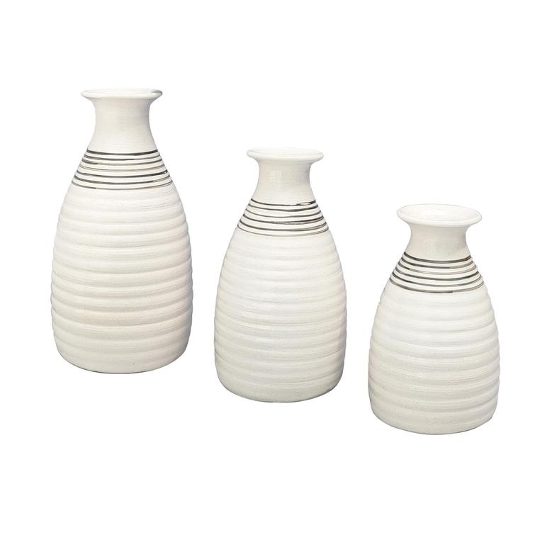Modern Farmhouse Vase Decor, Set Of 3 White Striped Vases For Decor, Decorative White Vase Centerpiece Accent