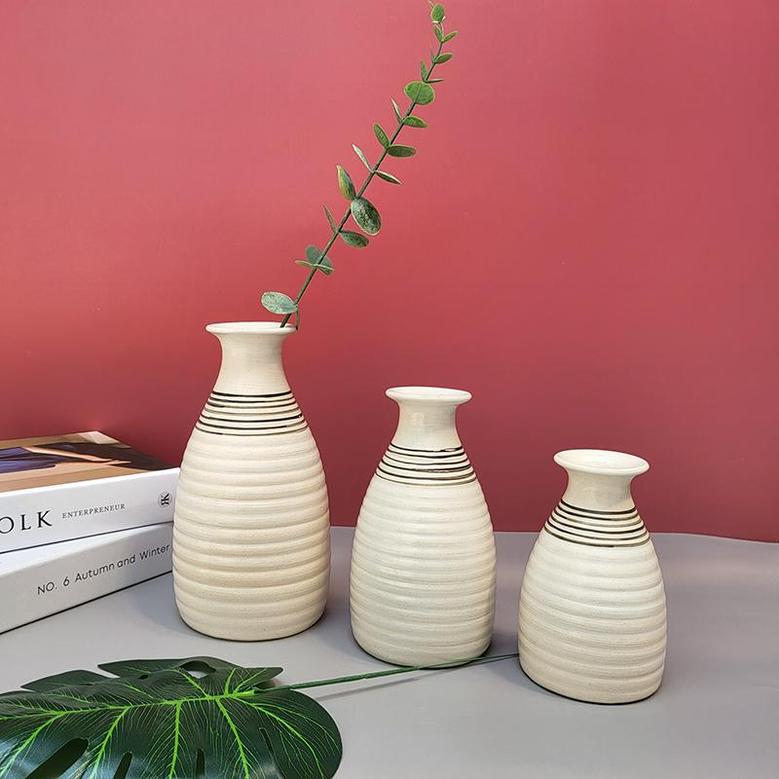 Modern Farmhouse Vase Decor, Set Of 3 White Striped Vases For Decor, Decorative White Vase Centerpiece Accent